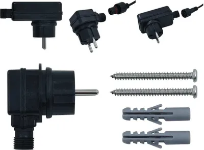 A collection of electrical plugs, screws, and wall anchors.