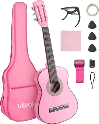 A pink guitar and its accessories are laid out on a white background.