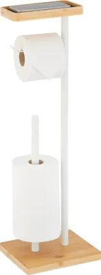 Image de Porte-rouleaux de papier toilette Relaxdays, pour 3 rouleaux de rechange, avec tablette, en bambou et métal, 66,5 x 21 x 17 cm, porte-rouleaux de papier toilette, blanc/naturel