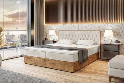 Produktbild von MEBLINI Boxspringbett mit Bettkasten - Gepolstert Doppelbett mit Matratze und Topper - Polsterbett mit Stauraum - Bett mit Kopfteil - Stauraumbett - LOFTY 6 - 180x200 - H4/Creme Samt
