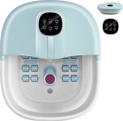 A light blue and white foot bath with a control panel and massager rollers.
