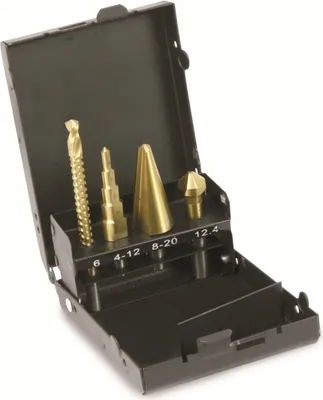 Produktbild von HSS Spezialbohrer Set 4-teilig: Fräs-, Stufen-, Schälbohrer & Kegelsenker in Metallbox