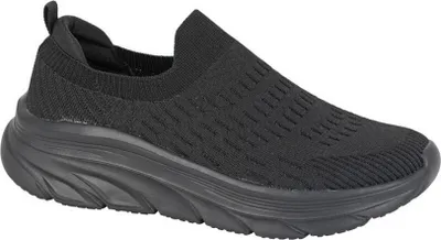 A black slip-on sneaker with a textured knit upper and a thick, sculpted sole.