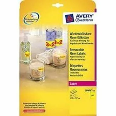Produktbild von Werbe-Label Zweckform - 210 mm Breite x 297 mm Länge - Ablösbar Kleber - Rechteck - Laser - Neon-Gelb - Papier - Rückstandslos, Stick & Lift - 1 / Blatt - 25 Blatt
