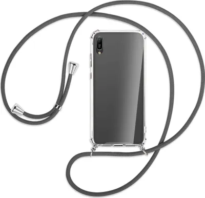 Produktbild von Handykette Backcover-Schutzhülle mit Band (Metall silberfarben) für Huawei Y6 2019 - dunkelgrau