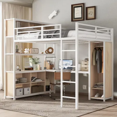 Produktbild von Eisenbett, Hochbett, Doppelstöckiger Stauraum unter dem Schreibtisch, Oberes Bett mit Stauraum, Mit Kleiderschrank, Eisen + Spanplatte , Weiß+Natur, 140x200cm