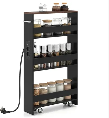 Produktbild von KOMFOTTEU Nischenwagen mit Ladestation, Kleiner Küchenwagen mit Rollen, Organisationswagen Rollregal platzsparend mit Griff (Schwarz + Braun, 47,5 x 13 x 80,5 cm)