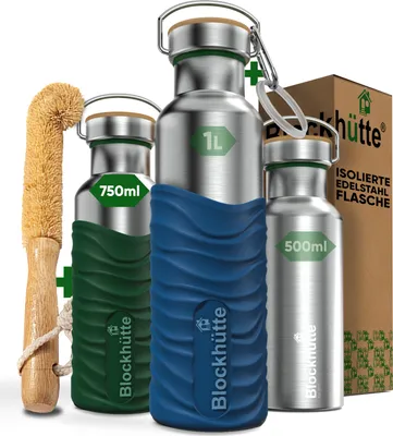 Produktbild von Blockhütte Edelstahl Trinkflasche 750ml I Wasserflasche Kohlensäure geeignet I Auslaufsicher, BPA-Frei Metall Thermosflasche mit Silikonmantel I