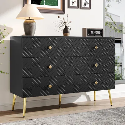 Zdjęcie produktu dla Fortuna Lai Nowoczesna komoda z 6 szufladami – 120 x 40 x 80 cm – Elegancka czerń ze złotymi akcentami – Metalowe nóżki zapewniające stabilność – Idealna do sypialni i salonu