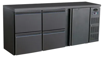 Produktbild von Gastro Barkühler | Barkühlschrank | Flaschenkühltisch | Schwarz | 1 Tür / 4 Schubladen | 537 Liter | 0 bis +10 °C