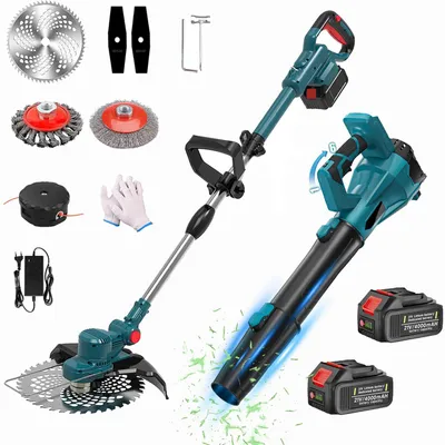 Produktbild von 750W Akku Rasentrimmer & Laubbläser Set mit 2x 4,0Ah Akkus + Ladegerät – Kabellos Unkraut schneiden & Laub blasen für Garten