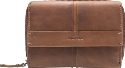 A brown leather wallet with a zipper closure and a horizontal strap across the front with the brand name embossed on it.