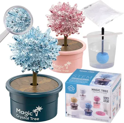A collage of images showing a crystal growing kit for a magic tree, including the components and finished products.
