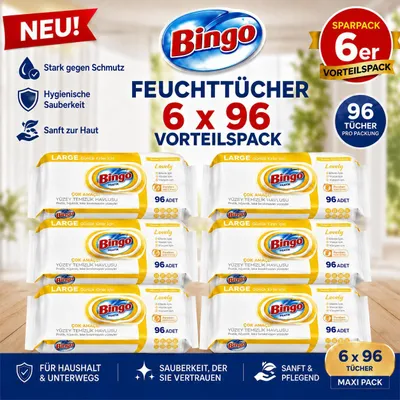 Produktbild von Bingo Feuchttücher Zitrone 6x96 Blatt – Lemon – Vorteilspack