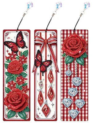 3 Blumen Diamond Painting Lesezeichen, Malen nach Zahlen, Bastelset mit Quasten