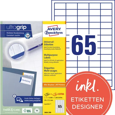 Obrázok produktu pre Avery 3666-200, Biela, Papája, 200 listy, 38 mm, 21,2 mm, 13000 kusov