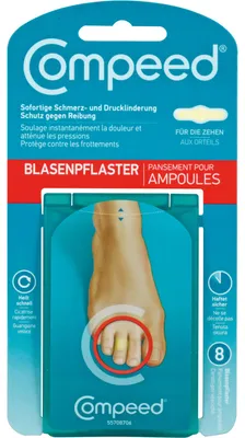 Produktbild von Compeed Blasenpflaster für die Zehen, 1,7 x 5,7 cm, Oval, Beige, Die Haut vor der Anwendung säubern und trocknen..., 8 Stück(e)
