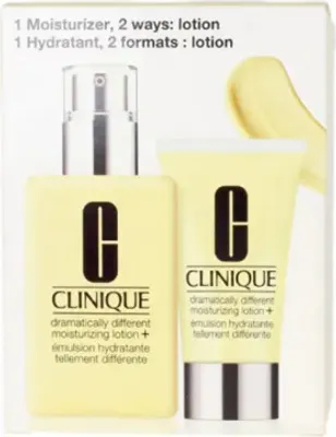 A set of Clinique moisturizers, one in a pump bottle and the other in a tube, both yellow with black logos.