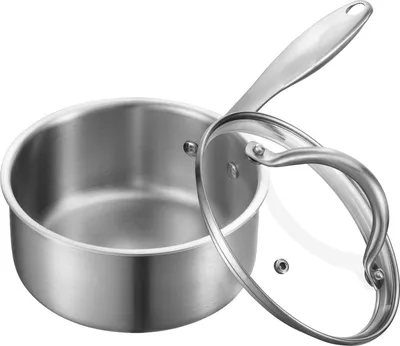 Image de Casserole à manche Casserole à lait - 1,42 L - Couvercle en verre - Acier inoxydable - Poignée ergonomique - Lavable au lave-vaisselle - Argent