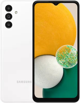 A white Samsung Galaxy A13 5G smartphone is shown from the back and front.