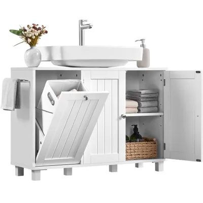 Produktbild von Yaheetech Waschbeckenunterschrank mit Wäschekorb, Badezimmerschrank, 3 Türen, Unterschrank für Bad, Weiß