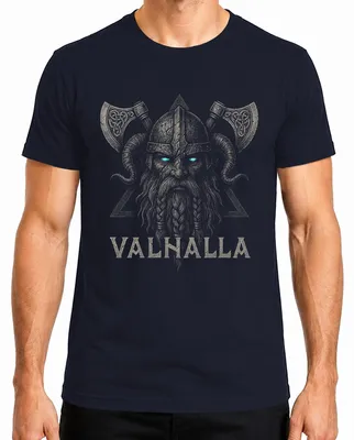 Imagen del producto de Camiseta para hombre, diseño "Valhalla, Vikingos, Odín, Hacha, Mitología Nórdica, Runas, Guerrero", color azul marino, talla S