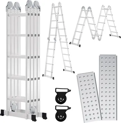 Obrázok produktu pre Jayseuw teleskopický rebrík hliníkový Ľahký protišmykový rebrík 4x5 úrovní+kolesá+doska Multifunkčný rebrík Viacúčelový rebrík Výsuvný rebrík 15 stupňov Stupňový rebrík z vysokokvalitného hliníka Nosnosť 150KG