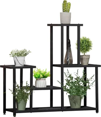 Produktbild von Pflanzenregal Mit 4 Stufen Mehrstöckiges Blumenregal, Pflanzenständer Für Garten, Balkon, Metall, Schwarz, 91X25X83Cm