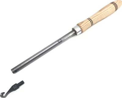 A woodworking tool with a wooden handle and a metal shaft, shown with a separate small attachment.