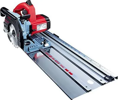 A Mafell KSS 300 track saw with a guide rail, shown from a slightly elevated side angle against a white background.
