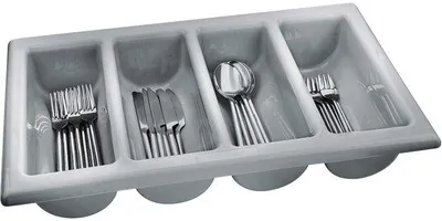 Produktbild von Unyqoos® Besteckkasten stapelbar – 4 Fächer Besteck-Organizer aus Kunststoff, grau, spülmaschinenfest, platzsparend für Küchenschubladen