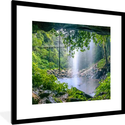 Produktbild von MuchoWow® Gerahmtes Poster Dschungel - Regenwald - Wasser - Wasserfall - Pflanzen 40x40 cm - Poster mit Schwarzem Bilderrahmen Wandposter Rahmen Foto Bilder - Poster - Plakat im Rahmen