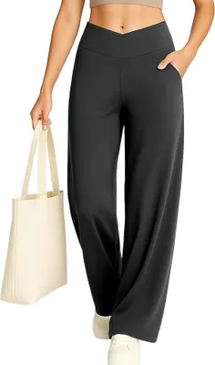 Produktbild von Yogahose Sporthose Damen, Weite Hose High Waist Freizeithose mit V-Taille, Bequem Wide Leg Hose Arbeithose mit Tasche, Trainingshose Fitness Jogginghose