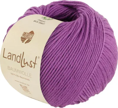 A ball of purple yarn with a label.