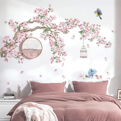 Image de Unyqoos® Autocollants muraux, motif fleurs de cerisier avec oiseaux, couleur rose, imperméables et amovibles sans laisser de résidus, 2 feuilles de 30x90 cm (total 124x94 cm) – Décoration pour salons, chambres et chambres d'enfants