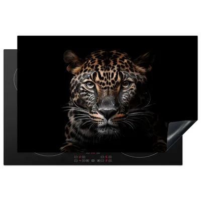 Produktbild von KitchenYeah© Herdabdeckplatte Leopard - Porträt - Schwarz - Tier , 80x52cm, Küche Deko, Glaskeramikkochfeld Herdabdeckung, Abdeckplatte fùr Kochfeld