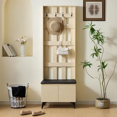 Image de AIORBER Garde-robe moderne avec banc, espace de rangement et 4 patères, meuble d'entrée avec pieds en acier etReproduction bois clair, veines de bois clair