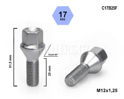 Obrázok produktu pre Skrutka kolesa M12x1,25x25 s kužeľom, kľúč 17, C17B25F, výška 51,5 mm