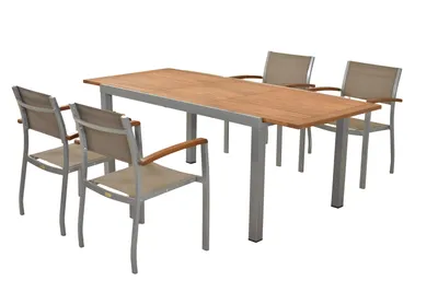Produktbild von Merxx Gartenmöbelset Naxos 5tlg., 4 Stapelsessel, 1 Ausziehtisch 150 (200) x 90 cm - Aluminium/Textil/Akazie