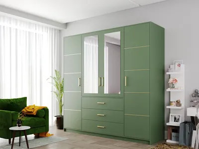Produktbild von MIRJAN24 Kleiderschrank Tytus D4 II, Drehtürenschrank, Garderobenschrank mit Spiegel, Schlafzimmer Garderobe (Farbe: Flaschengrün + Gold)
