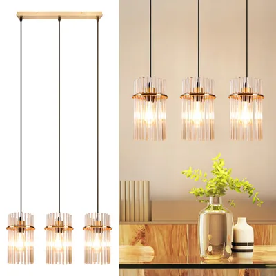 Immagine prodotto di ZMH Lampada a sospensione tavolo da pranzo lampada a sospensione 3 fiamme - luce a sospensione oro E27 vintage sala da pranzo lampada a sospensione da paralume in vetro Ø 16 per cucina bar caffè soggiorno (senza lampadina)