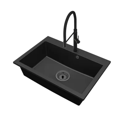 Produktbild von Granitspüle Küchenspüle Einbauspüle 1 Becken Elite 70 mit Armatur Schwarz und Siphon Schwarz