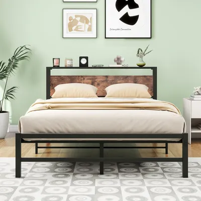 Zdjęcie produktu dla Metalowy stelaż łóżka z nowoczesnym zagłówkiem i podnóżkiem, łóżko dwuosobowe, wymiary 140x200 cm, do sypialni