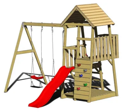 Produktbild von Wendi Toys Holz Spielturm Salamander inkl. Rutsche, Kletterwand und 2 Schaukeln Natur 290x340x270 cm