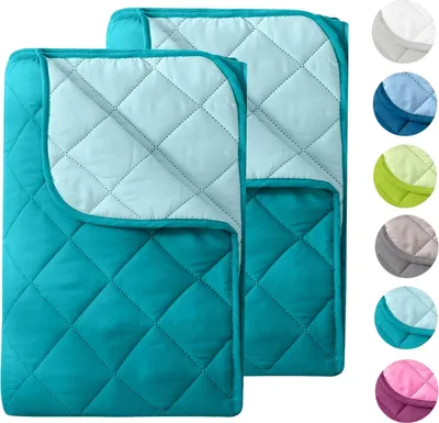 A collage showing two folded quilted blankets in turquoise and light blue, with a strip of circular swatches of other available colors on the right.