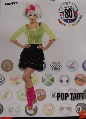 A woman is shown modeling an 80s-themed costume on its packaging, surrounded by various circular graphics representing different 80s themes.