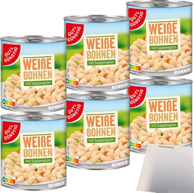 Produktbild von Gut & Günstig Weisse Bohnen mit Suppengrün 6er Pack (6x800g Dose) + usy Block