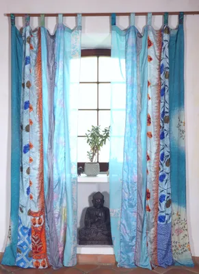 Produktbild von Vorhang 2 Stück Seidige Upcycling Gardine aus Patchwork Sareestoff, Unikat Vorhänge - Türkis, Polyester, 250*100*0,2 cm, Dekovorhänge