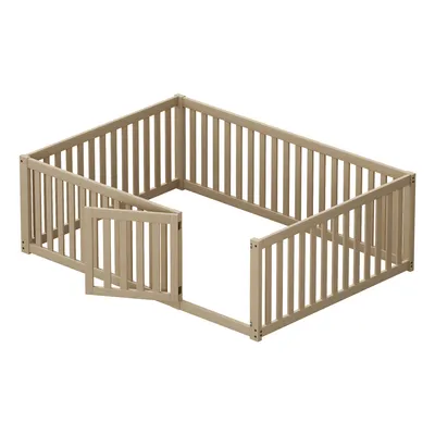 Obrázek produktu pro okwish Dětská postel nízká postel 140x200cm s plotem a dveřmi, masivní dřevěná postel pro mládež s ochranou proti pádu, bez roštu (bez matrace) - přírodní