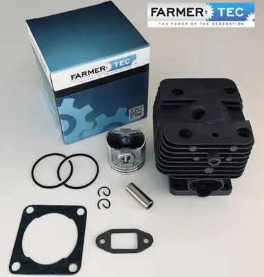 A product shot of a chainsaw cylinder kit with its packaging.